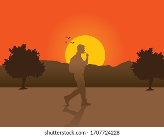 Vector illustration of a man eating ice-cream with evening mountain & sunset landscape.
