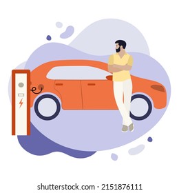 Vector illustration Man Electric vehicle charging stations Electric car. Green energy. New transport eco technologies. ECO friendly. Ecology. Environmental Protection. Zero emission. Easy maintenance