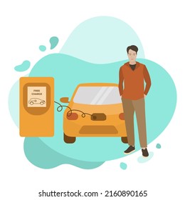 Vector illustration Man Electric vehicle charging stations Electric car. Green energy. New transport eco technologies. ECO friendly. Ecology. Environmental Protection. Zero emission. Easy maintenance
