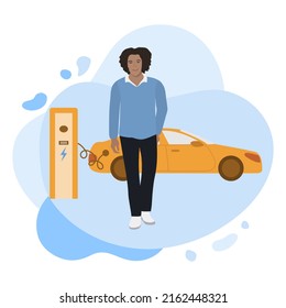 Ilustración vectorial Estación de carga de vehículos eléctricos Vehículos eléctricos Vehículos eléctricos Vehículos eléctricos Vehículos eléctricos Vehículos eléctricos. Energía verde. Nuevas tecnologías ecológicas de transporte. amigable con el ECO. Ecología. Protección Ambiental. Sin emisiones. Mantenimiento sencillo