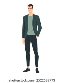 Vector illustration of a man. An elegant look with a dark jacket and black trousers for more formal occasions or office style.