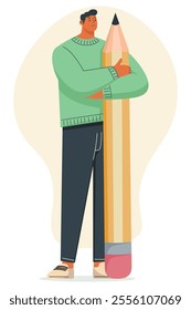 Vector illustration of a man embracing a giant pencil, representing creative thinking, writing, and design concepts.