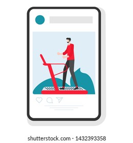 Vector illustration with man engaged on treadmill in the gym. Sports mobile application. Fitness app. Workout for wellness, activity. Healthy lifestyle. Design for app, websites, print, presentation.
