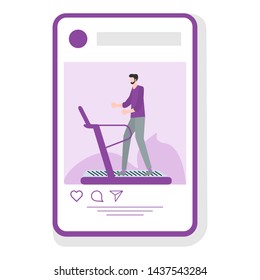 Vector illustration with man engaged on treadmill in the gym. Sports mobile application. Fitness app. Workout for wellness, activity. Healthy lifestyle. Design for app, websites, print, presentation.