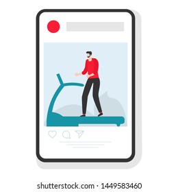 Vector illustration with man engaged on treadmill in the gym. Sports mobile application. Fitness app. Workout for wellness, activity. Healthy lifestyle. Design for app, websites, print, presentation.