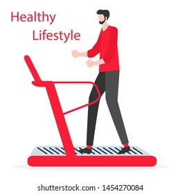 Vector illustration with man engaged on treadmill. Sport. Fitness application. Workout for wellness, activity. Healthy lifestyle. Design for app, websites, print, presentation.