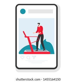 Vector illustration with man engaged on treadmill in the gym. Sports mobile application. Fitness app. Workout for wellness, activity. Healthy lifestyle. Design for app, websites, print, presentation.