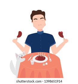 Vector Illustration of Man is Enjoing to Eat Meat. Healthy Nutrition Concept of Carnivore Diet. Great for Poster, Banner, Wallpaper. Concept of Meat Lover is Following in Carnivore Diet 