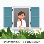 vector illustration of man enjoy his hot coffee or tea in a window house. man drink  hot tea/coffee in a window with plants, lovely house . man enjoy his morning coffee