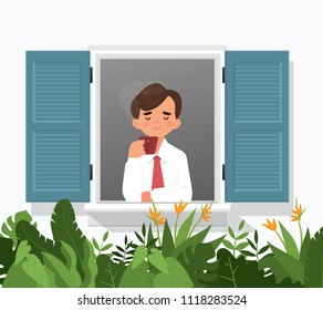 vector illustration of man enjoy his hot coffee or tea in a window house. man drink  hot tea/coffee in a window with plants, lovely house . man enjoy his morning coffee