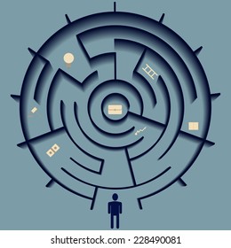 vector illustration of man entering career labyrinth. some little icons included