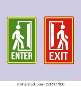 vector illustration of Man enters and exit the room through the door. Sign exit and enter