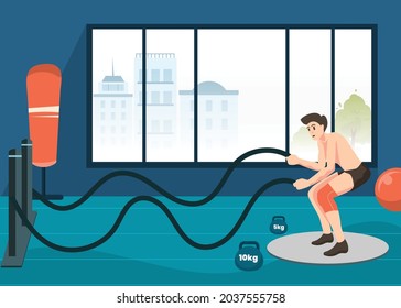 Vector illustration, man excercise using battle rope in gym background.