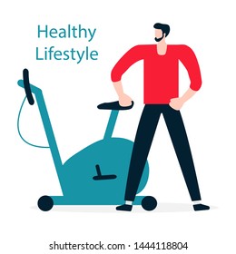 Vector illustration with man, exercise bike. Sport. Fitness. Workout for wellness, activity. Healthy lifestyle. Design for app, websites, print, presentation.
