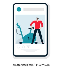 Vector illustration with man, exercise bike. Sports mobile application. Fitness app. Workout for wellness, activity. Healthy lifestyle. Design for app, websites, print, presentation.