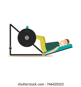 Vector illustration of man exercising using leg press machine. Gym people flat style design element, icon isolated on white background.