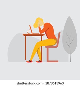 Vector illustration. man exhausted from work, hands holding the head. modern flat people character.