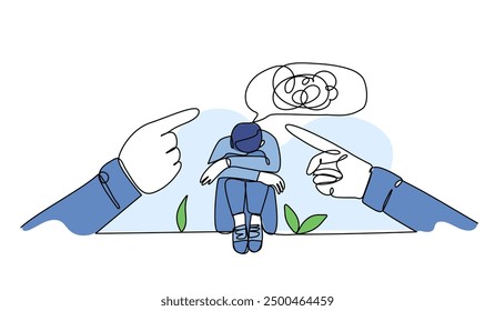 Vector illustration of a man experiencing anxiety due to bullying. Modern flat in continuous line style.