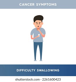 Vector illustration of a man experiencing pain when swallowing. A person suffering from dysphagia holds his throat with his hand. Symptoms of Parkinson's disease, multiple sclerosis, stroke, cancer.