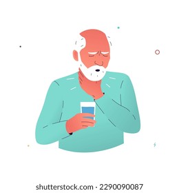 Vector illustration of a man experiencing pain when swallowing. An elderly man suffering from dysphagia holds his throat with his hand. Symptoms of Parkinson's disease, multiple sclerosis, cancer.  - Shutterstock ID 2290090087