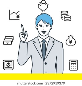 Ilustración vectorial de un hombre explicando productos financieros con una sonrisa. Icono financiero, dedo índice.