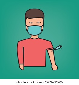 Vector illustration of a man with a face mask taking a vaccine