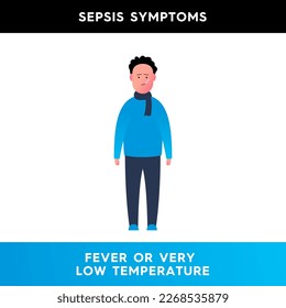 Ilustración vectorial de un hombre con la cara enrojecida de una fiebre alta. Un personaje que tiene un termómetro en la boca. Síntomas de sepsis. Ilustración para artículos médicos, afiches.