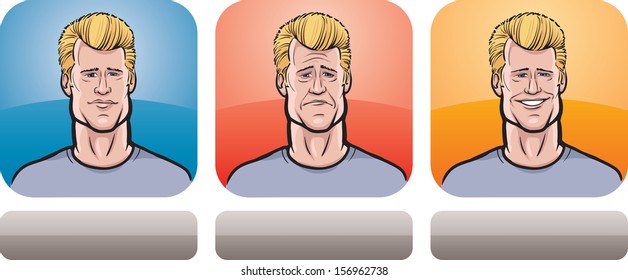 Vector illustration of man face three expressions: neutral, sad and happy - head and shoulders composition. Layered vector EPS10 format file.