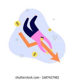 Vector illustration of man falling down with financial indicator. Investment failure, business collapse, financial crisis concept