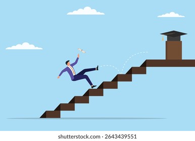 Vector illustration of a man falling down the stairs just before reaching the graduation cap, symbolizing challenges and setbacks on the path to academic achievement

