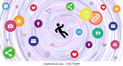 vector illustration of man falling and social media symbols for internet addiction visual