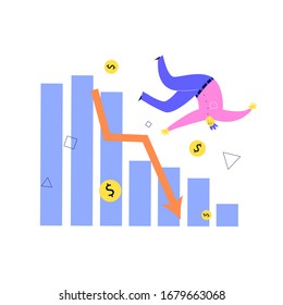 Vector illustration of man falling from stylized graph and financial indicator. Investment failure, business collapse, financial crisis concept