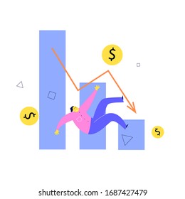 Ilustración vectorial del hombre que cae de un gráfico estilizado. Fallo de inversión, colapso de negocios, concepto de crisis financiera