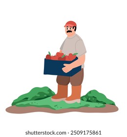 vector illustration of a man farmer holding a box with apples