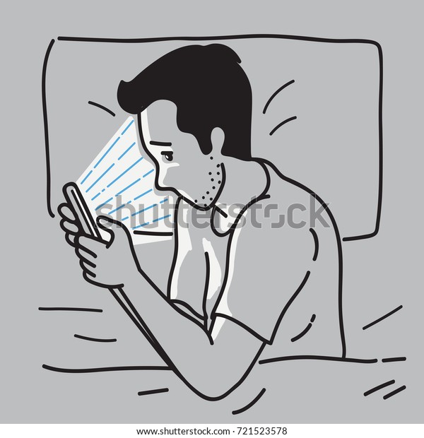 退屈を感じる男性のベクターイラスト スマートフォン ソーシャルネットワーク スマートフォン中毒 ベッドでの独り寝 テクノロジー中毒のコンセプト のベクター画像素材 ロイヤリティフリー