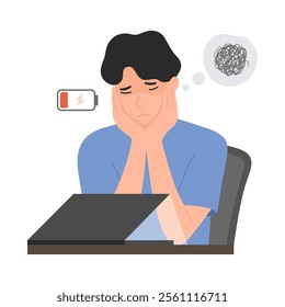 Vector illustration of man feeling burned out. Overworked employee feeling exhausted, tired sitting bored. Lonely adult with empty battery.