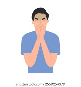 Vector illustration of man feeling sick and nauseous and vomiting. Food poisoning feels like puking. Flat design.