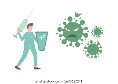 Vector illustration man fight against covid-19 virus or coronavirus. Cure corona virus concept. Don't be afraid corona virus, stop coronavirus concept vector illustration.