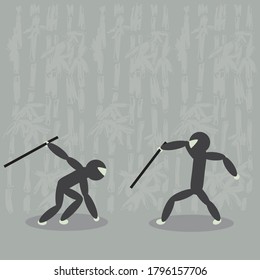 ilustración vectorial del hombre luchando con espadas mientras es perseguido por enemigos