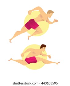 vector illustration of a man figure beach lifeguard runs in pink shorts. man of good body playing sports on the beach. muscular man