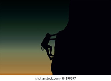 Vector illustration of a man figure climbing a cliff at dusk