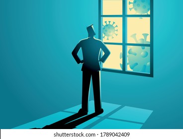 Vector illustration of man figure looking through the window. Self isolation, home quarantine, stay at home, covid-19 prevention concept