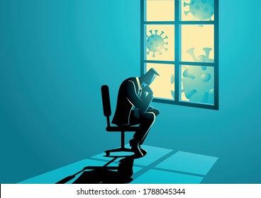 Vector illustration of man figure sitting sadly near the window. Coronavirus impact in business, economic recession, covid-19 pandemic concept