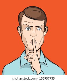 Vector illustration of Man with finger on lips. Easy-edit layered vector EPS10 file scalable to any size without quality loss. High resolution raster JPG file is included.