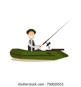 Vector illustration of man fishing while sitting in boat. Fisherman with fishing rod flat style design element, icon isolated on white background.