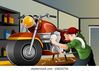 A vector illustration of man fixing a motorcycle in the garage