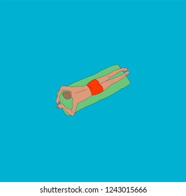 vector illustration. A man floats on a mattress in water