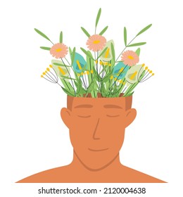 Vector illustration of a man with flowers in his head. The concept of mental health, a healthy mind and harmony with oneself. White background.