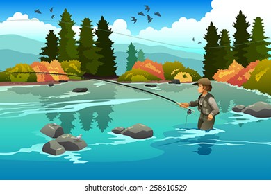 A vector illustration of man flyfishing in a river in the morning