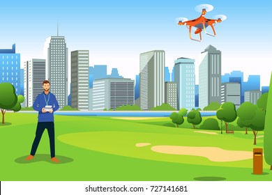 A vector illustration of Man Flying Drone in a Park